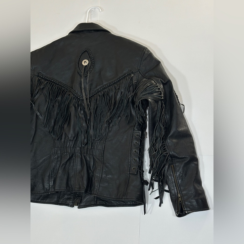 Fringed Black Leather Motorcycle Jacket Vintage Biker Women Medium 1990s Western - Picture 15 of 15